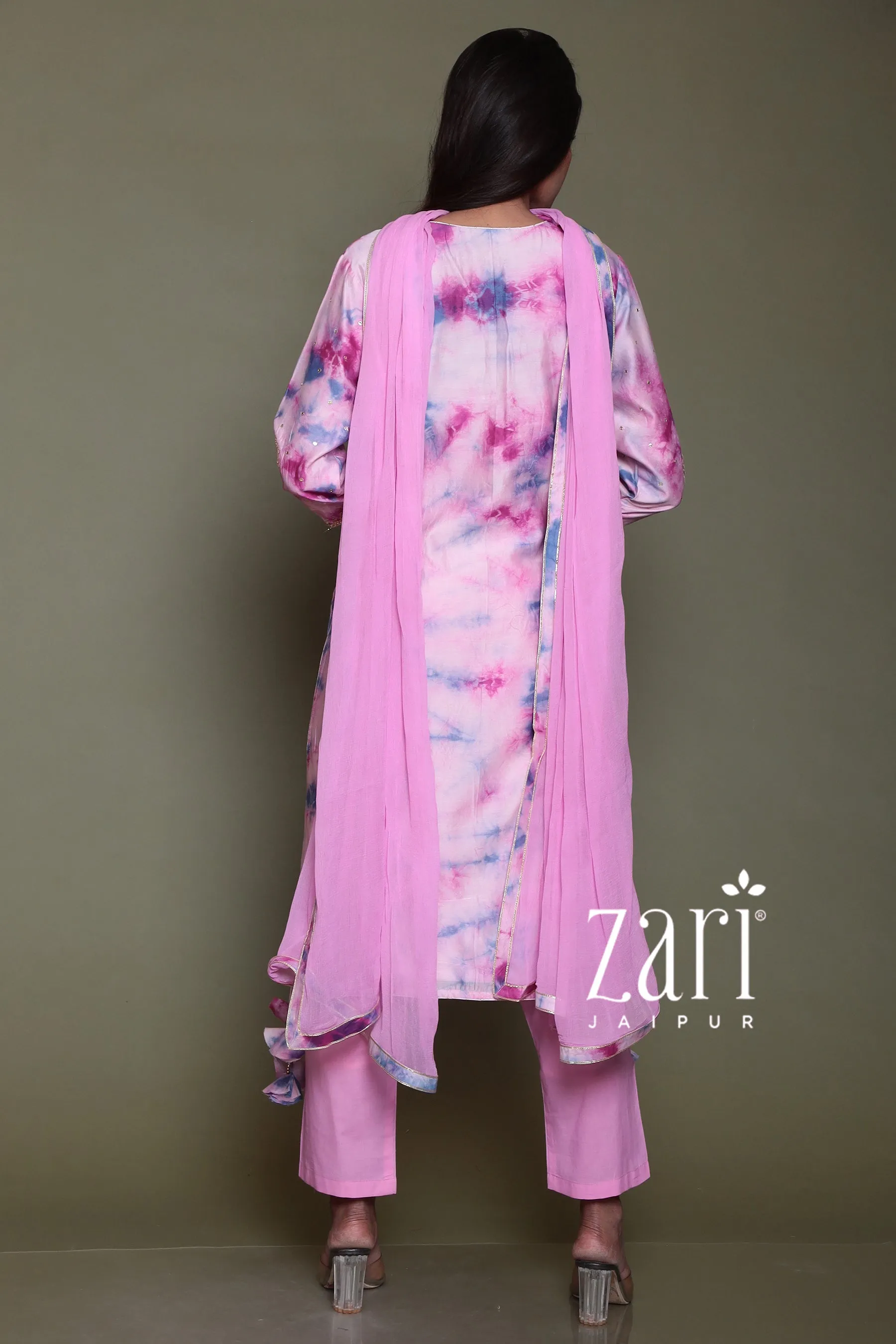 Chanderi silk  Suit with Aari, Gota Patti, Mirror, Tie & Dye work.