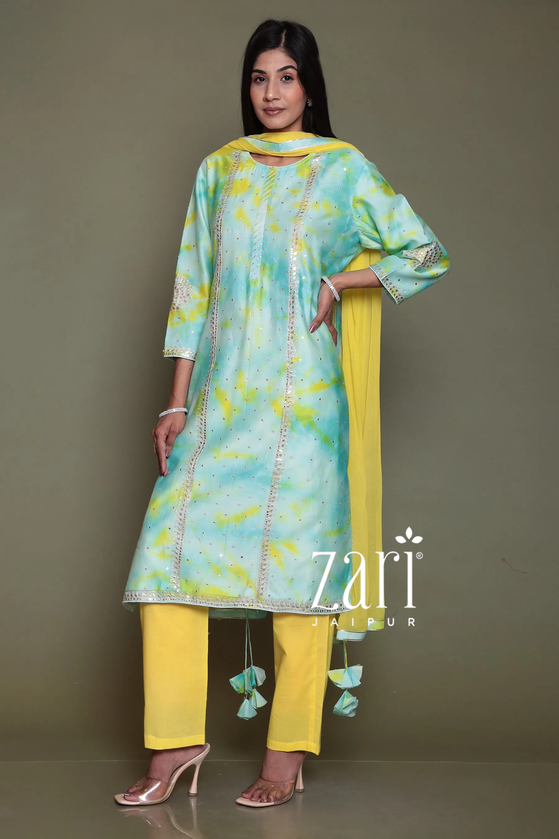 Chanderi silk  Suit with Aari, Gota Patti, Mirror, Tie & Dye work.