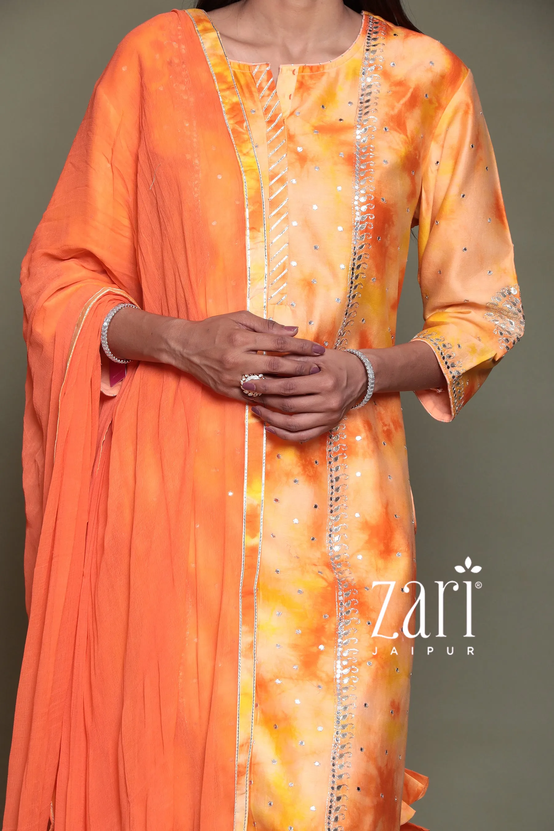 Chanderi silk  Suit with Aari, Gota Patti, Mirror, Tie & Dye work.