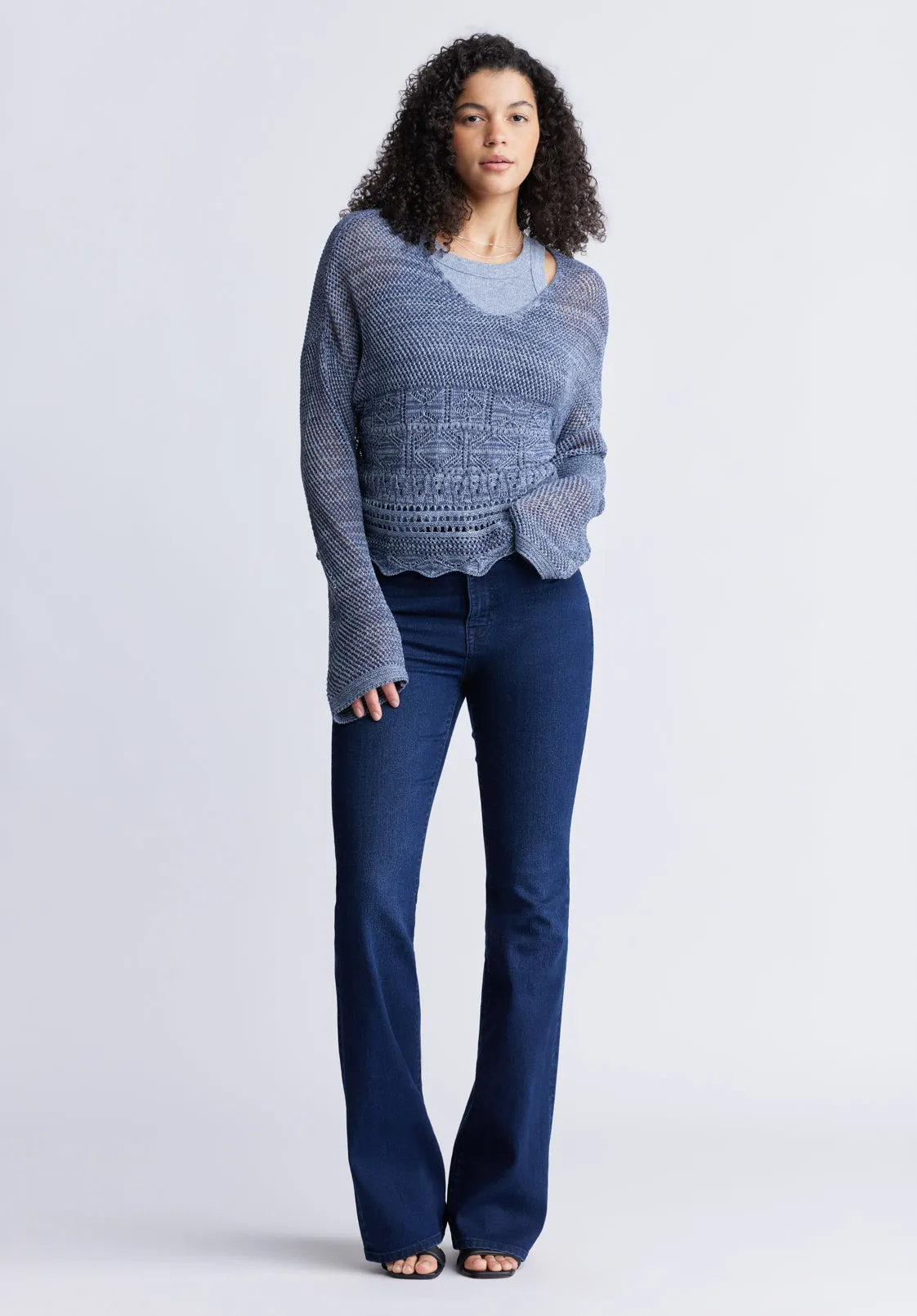 Cornelia Women's Crochet Cropped Sweater, Denim Blue - SW0056S