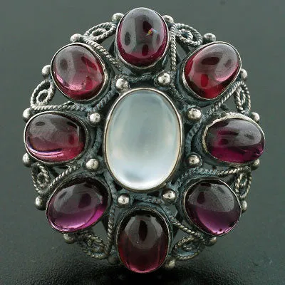 Early Retro Huge Sterling Moonstone & Garnet Cluster Ring