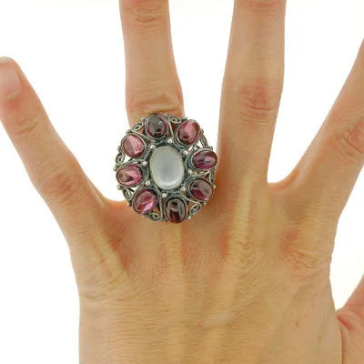 Early Retro Huge Sterling Moonstone & Garnet Cluster Ring