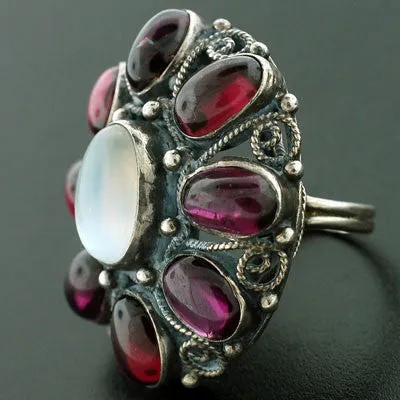 Early Retro Huge Sterling Moonstone & Garnet Cluster Ring