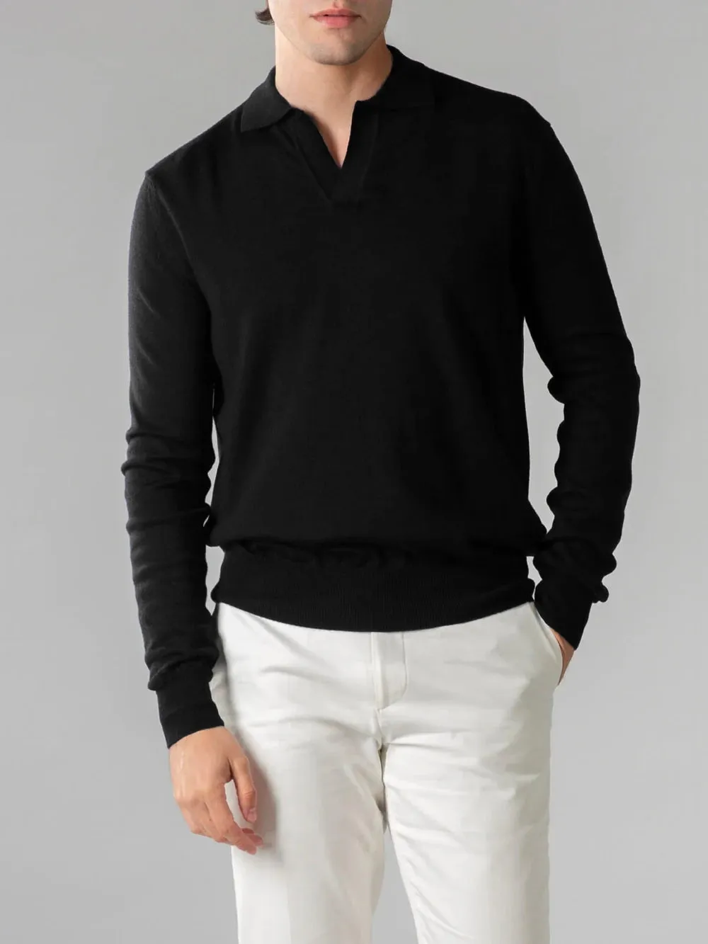 Extrafine Merino Buttonless Polo Black