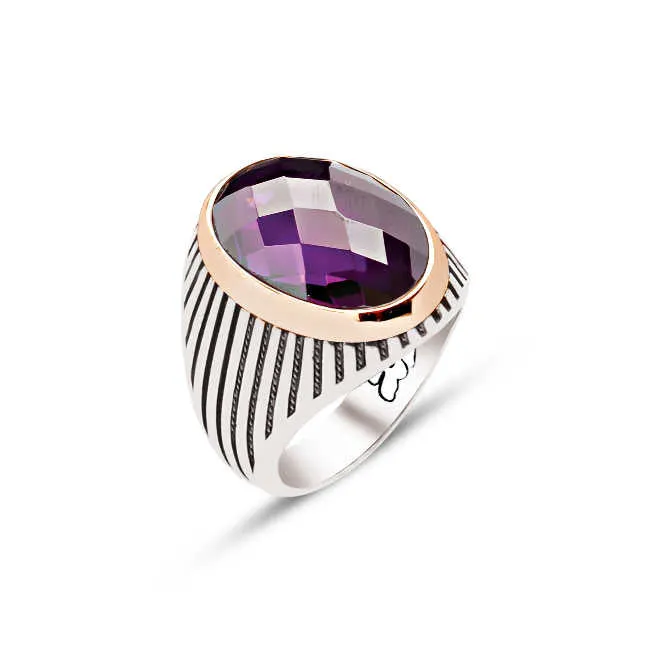 Facet Cut Amethyst Stone Small Ellipse Silver Men’s Ring Siding Striped Pattern