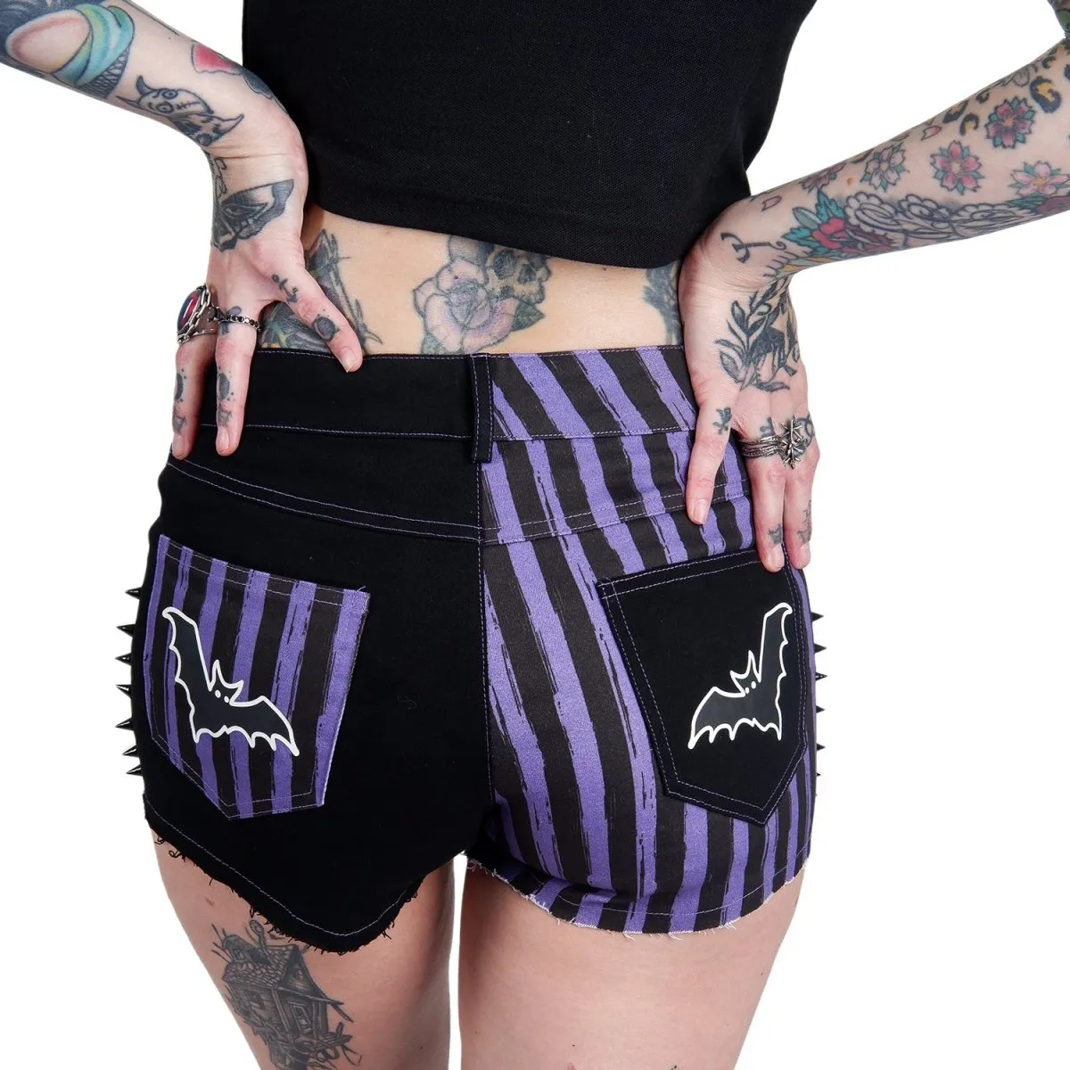 Purple Striped Bat Studded Denim Shorts