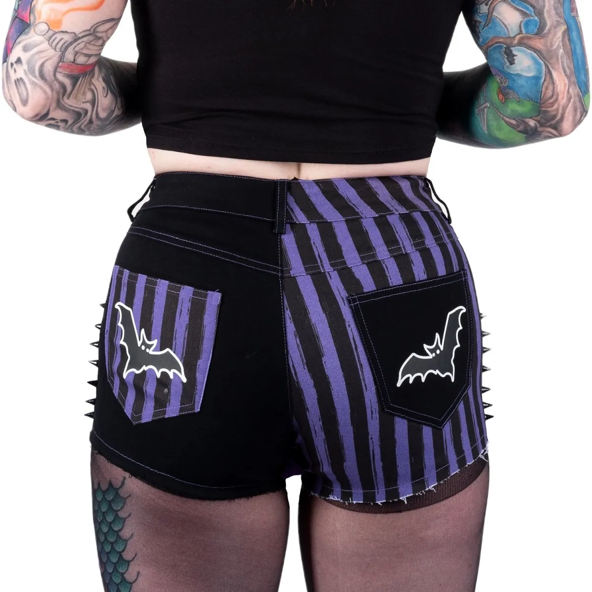 Purple Striped Bat Studded Denim Shorts