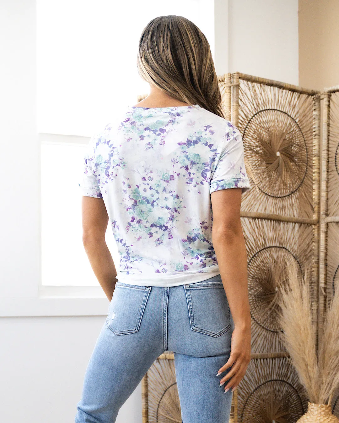 Step Right Out V Neck Pocket Top - Purple and Mint Floral